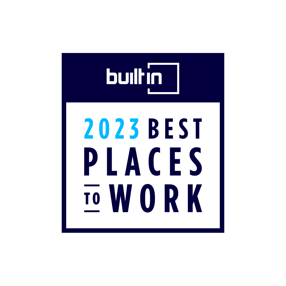 Built In 2023 best places to work logo with a white background