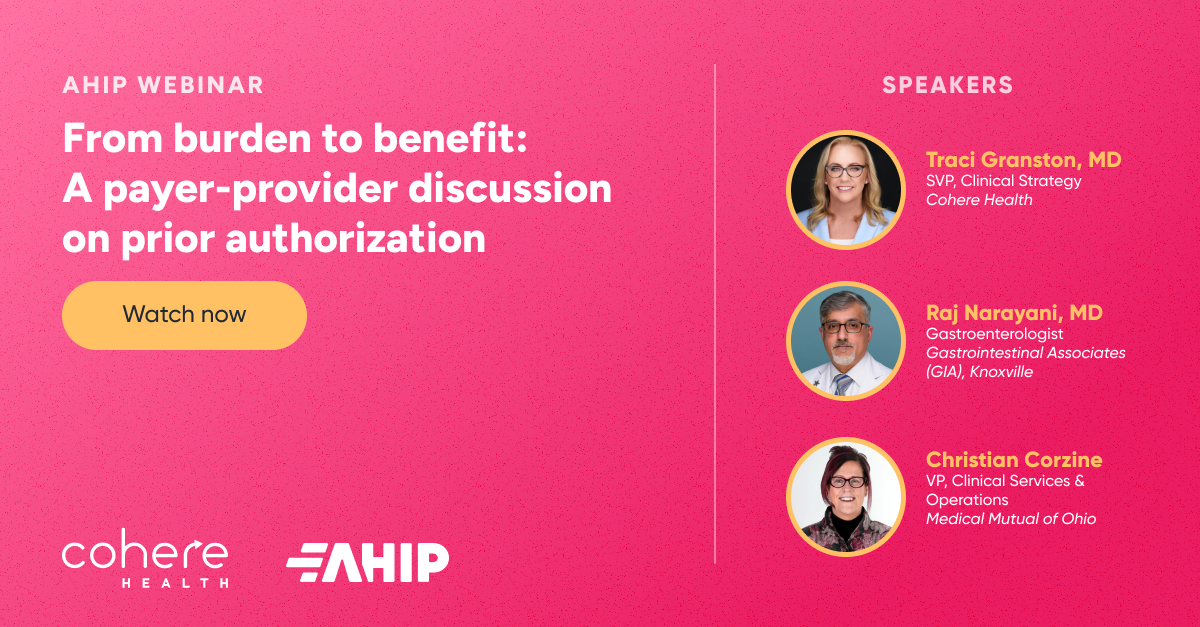 AHIP Webinar May 2025 Graphic From burden to benefit a payer-provider discussion on prior authorization webinar graphic